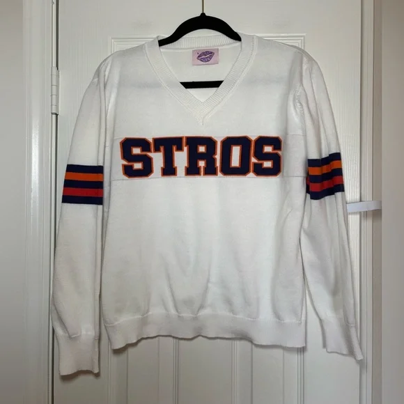 STROS Knit Sweater Houston Astros Inspired Retro Style Orange Blue V-Neck Size L - Picture 1 of 5
